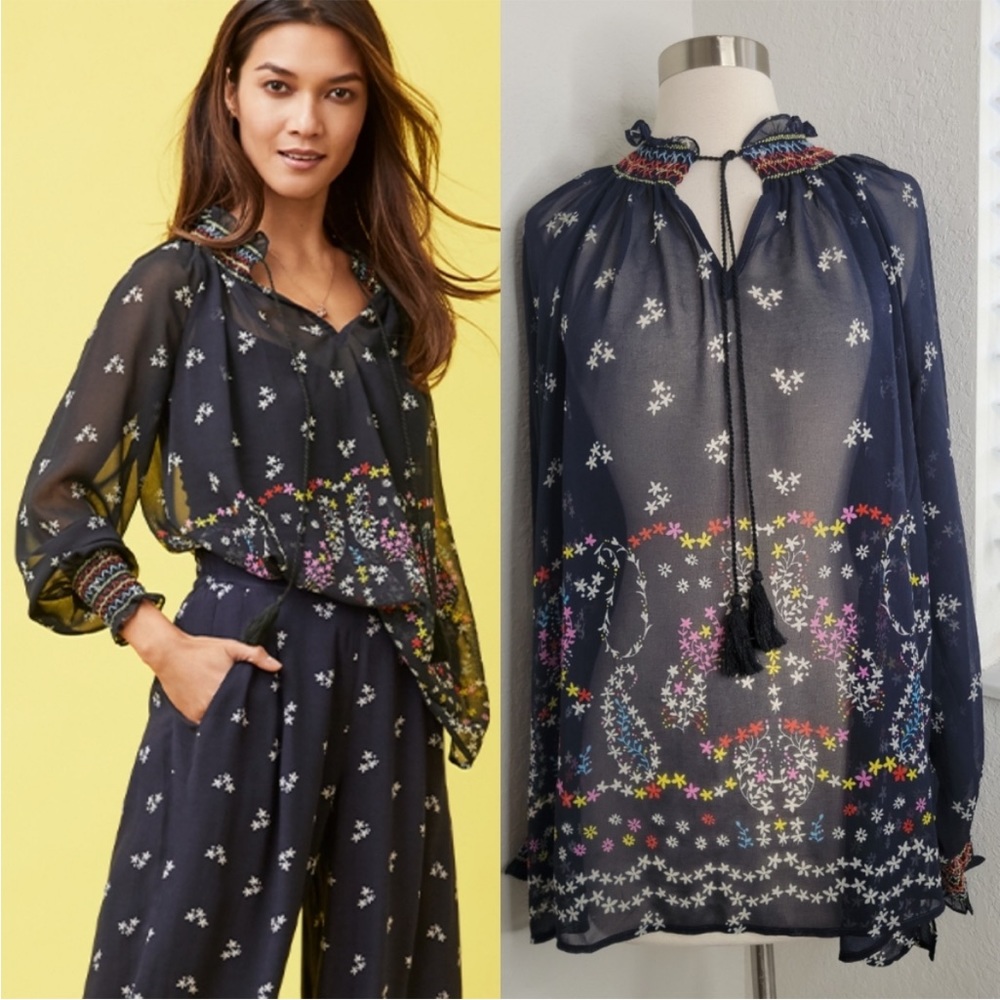 CAbi Oversized Sheer Navy Print Blouse, Size Medium